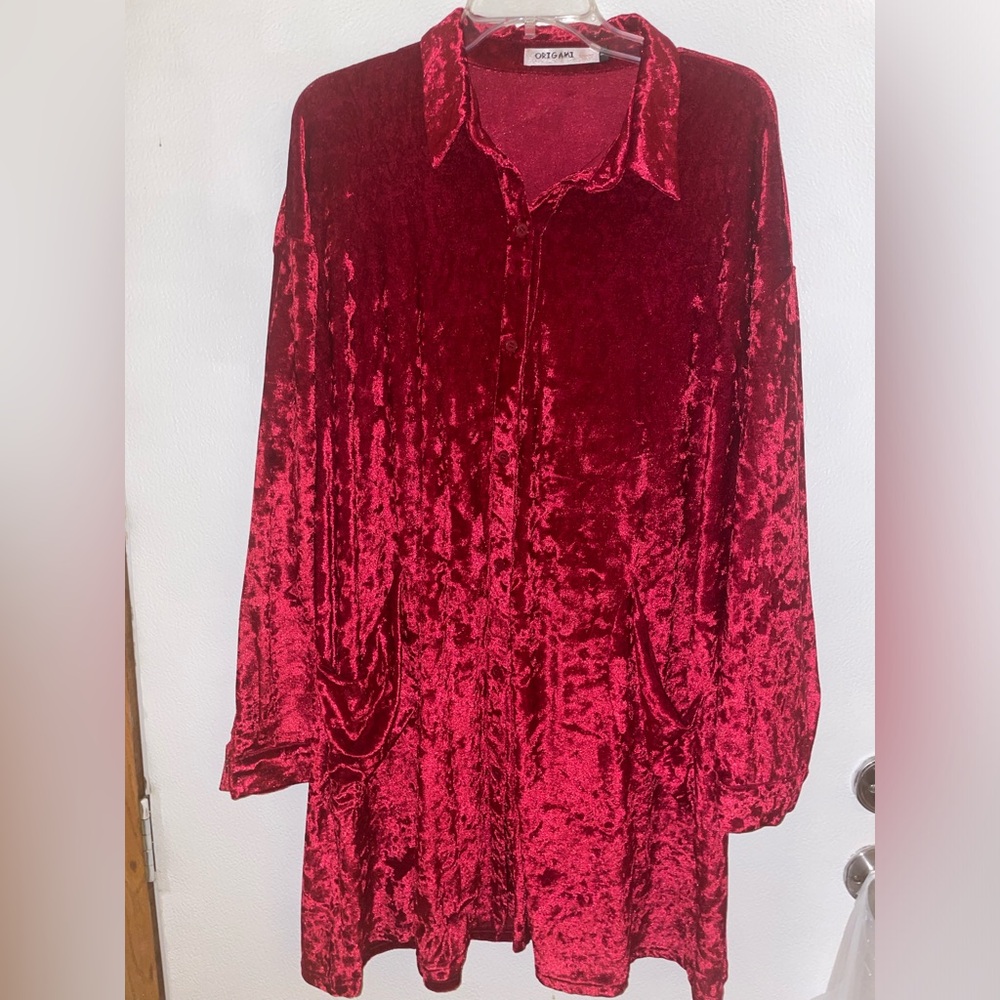Red Button Down Tunic Or Jacket Crushed Velvet - image 1